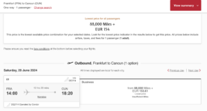 Emirates rates for Condor flight redemption in business class FRA-CUN